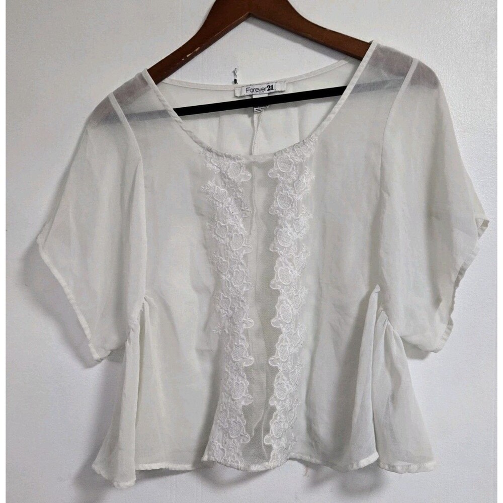 Forever 21 Blouse Womens L Tunic White Beach Coquette Romantic Coastal Summer